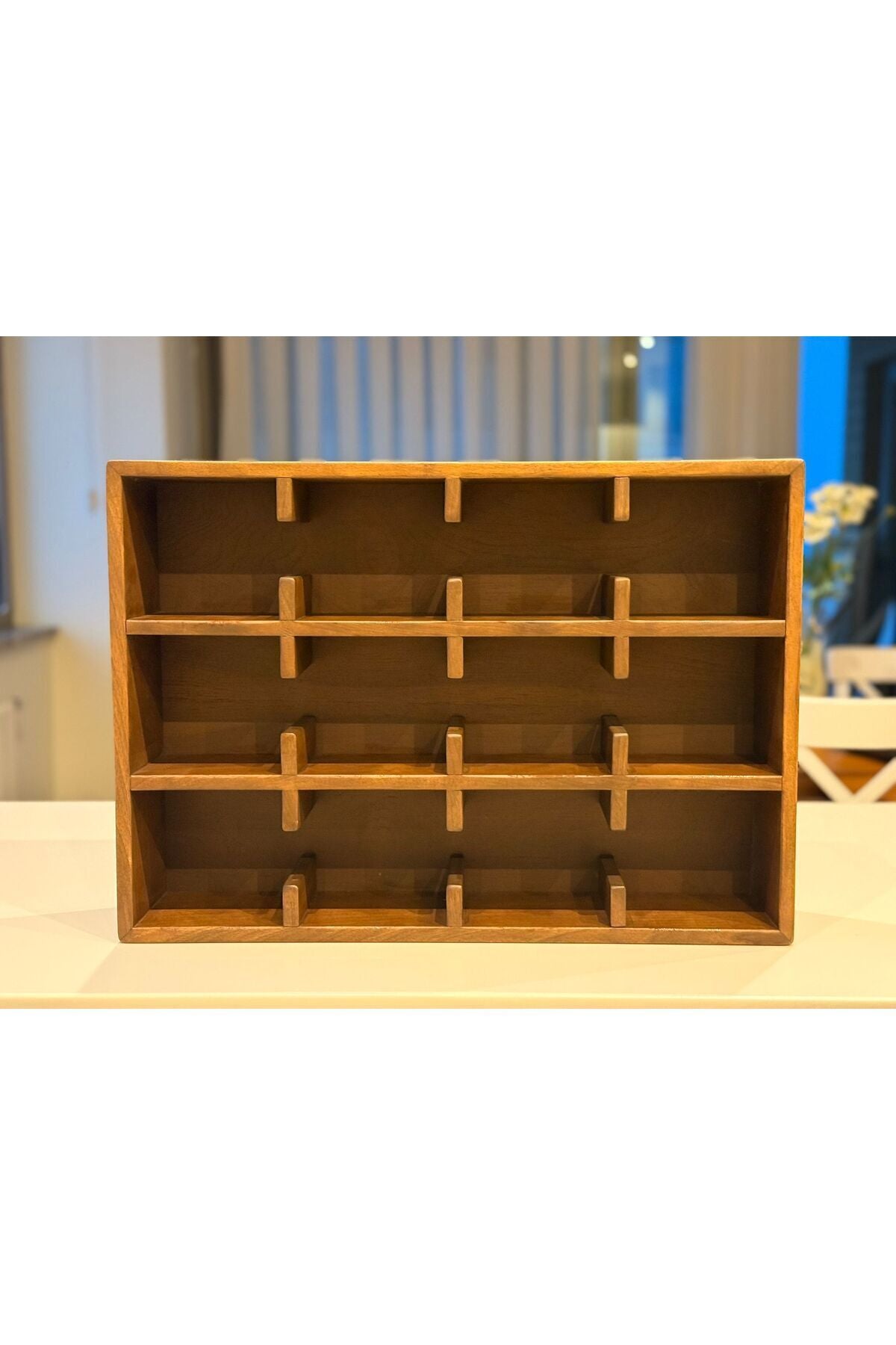 %100 Doğal Ahşap Mug Standı - Modern Minimal Fincan Rafı- 12 Bölmeli Kahve Köşesi Organizeri