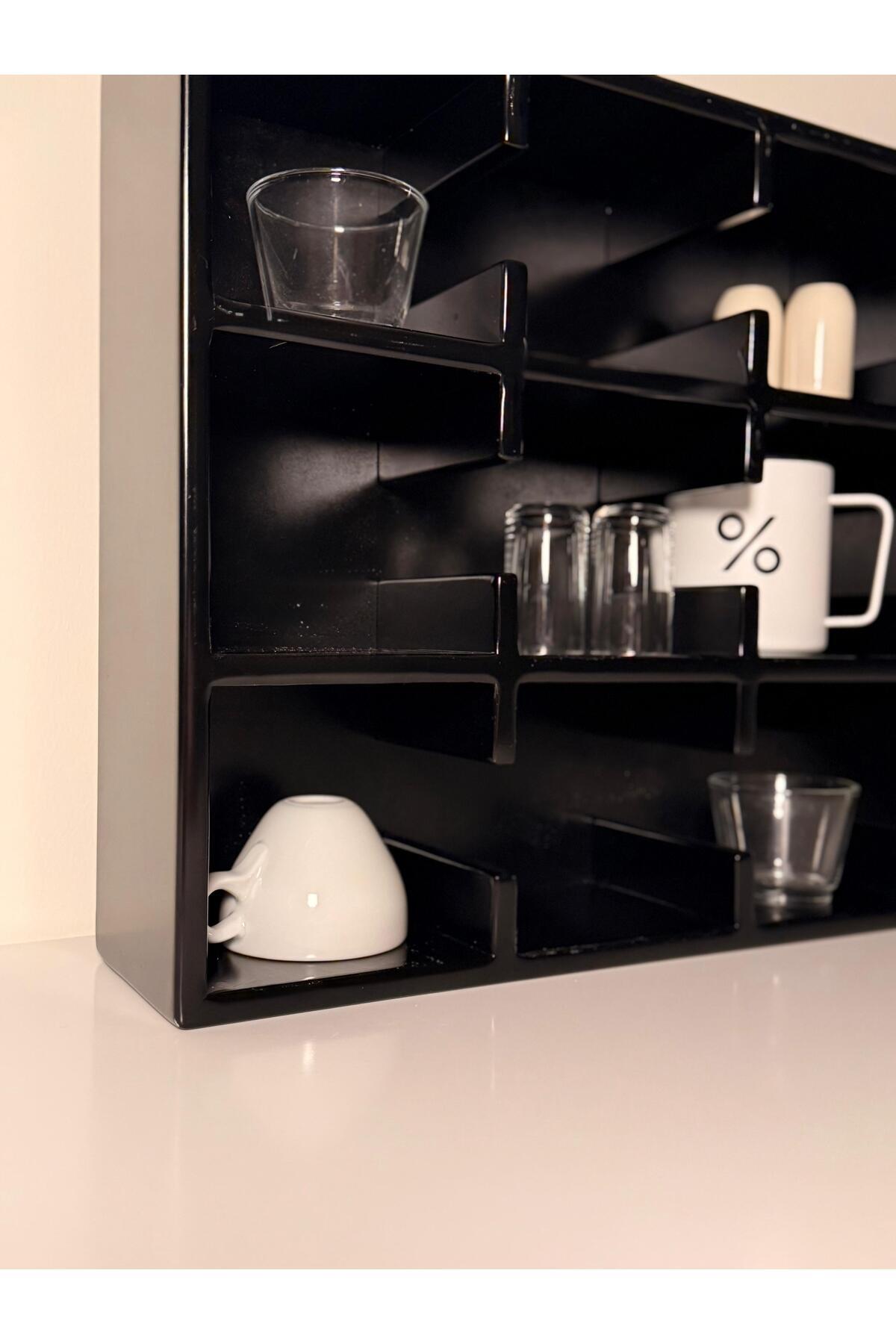 Siyah 12 Bölmeli Dekoratif Mug & Fincan Rafı | Mutfak – Kahve Köşesi – Ofis Organizer