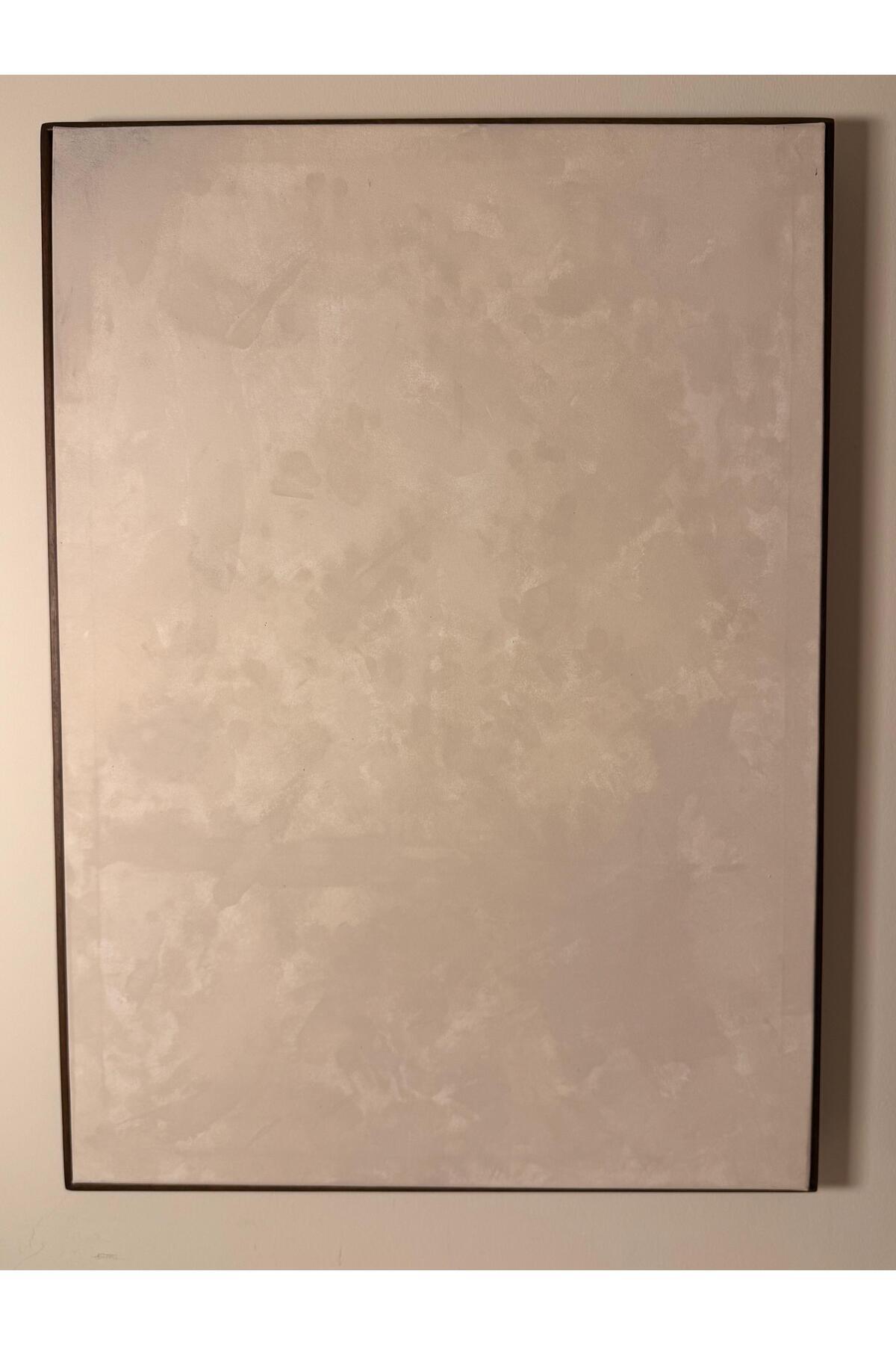 “Moon” 70 x 50 cm El Yapımı Minimal Bej Renkli Soyut Tablo – Ahşap Floater Çerçeveli