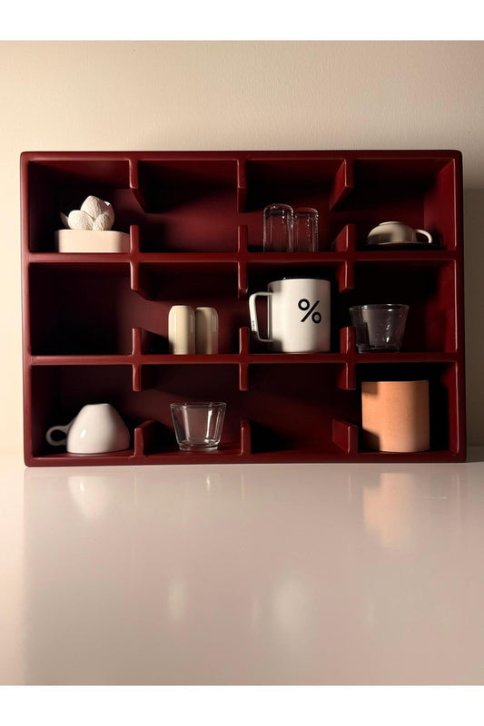 Bordo 12 Bölmeli Dekoratif Mug & Fincan Rafı | Mutfak – Kahve Köşesi – Ofis Organizer