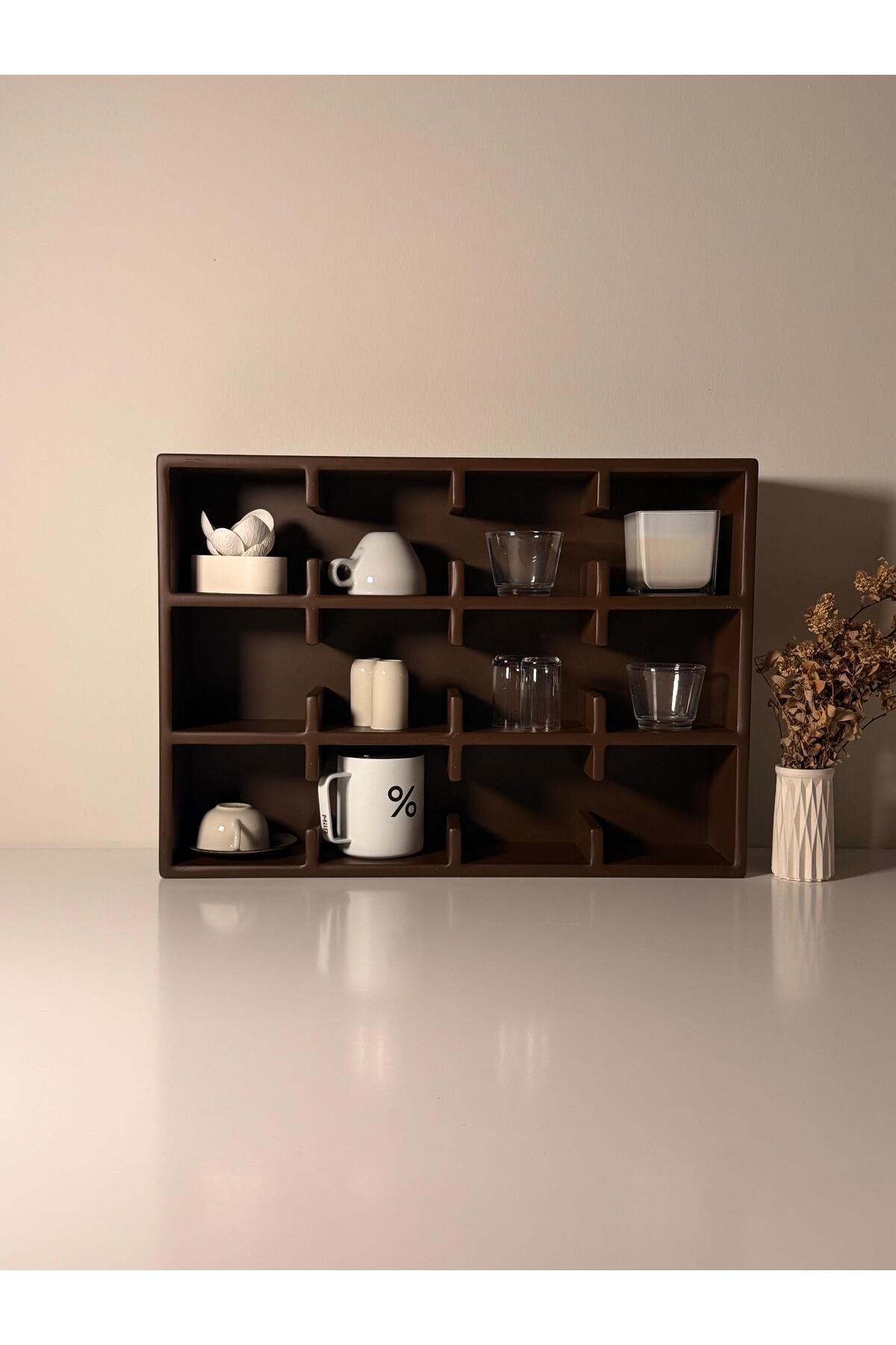 Kahverengi 12 Bölmeli Dekoratif Mug & Fincan Rafı | Mutfak – Kahve Köşesi – Ofis Organizer