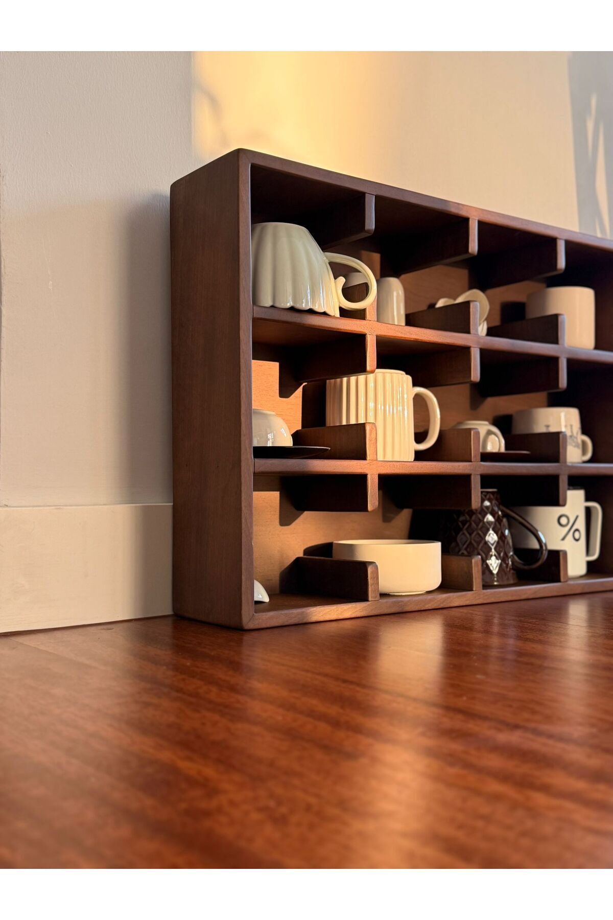 %100 Doğal Ahşap Mug Standı - Modern Minimal Fincan Rafı- 12 Bölmeli Kahve Köşesi Organizeri