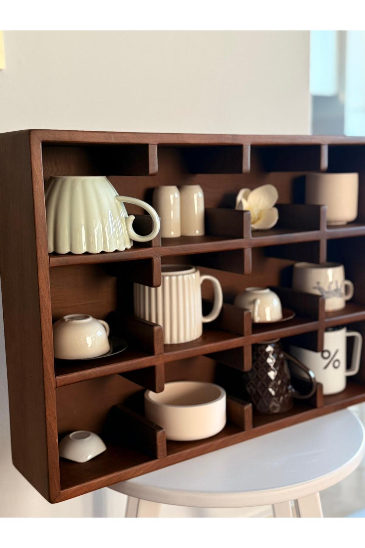 %100 Doğal Ahşap Mug Standı - Modern Minimal Fincan Rafı- 12 Bölmeli Kahve Köşesi Organizeri