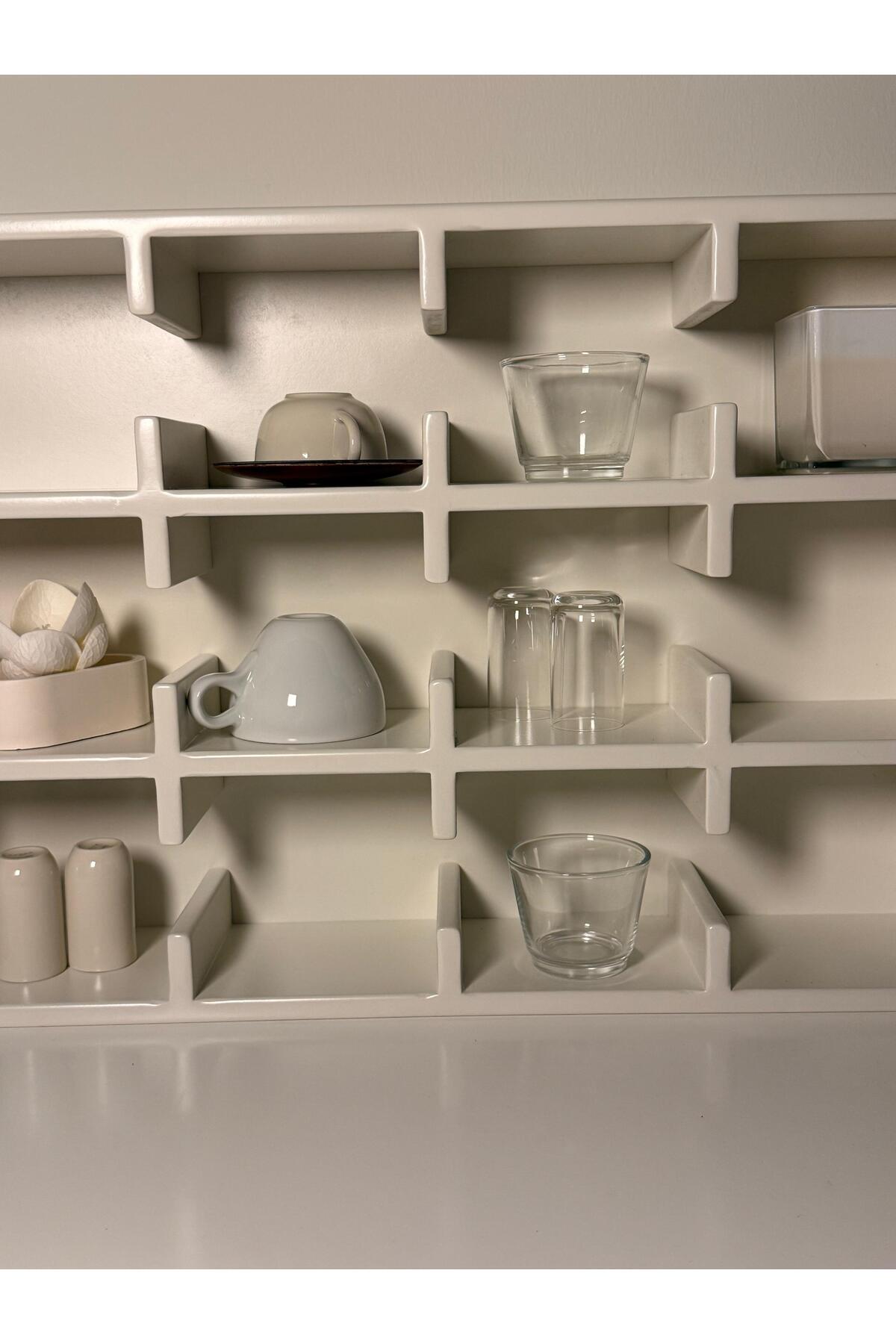 Krem 12 Bölmeli Dekoratif Mug & Fincan Rafı | Mutfak – Kahve Köşesi – Ofis Organizer