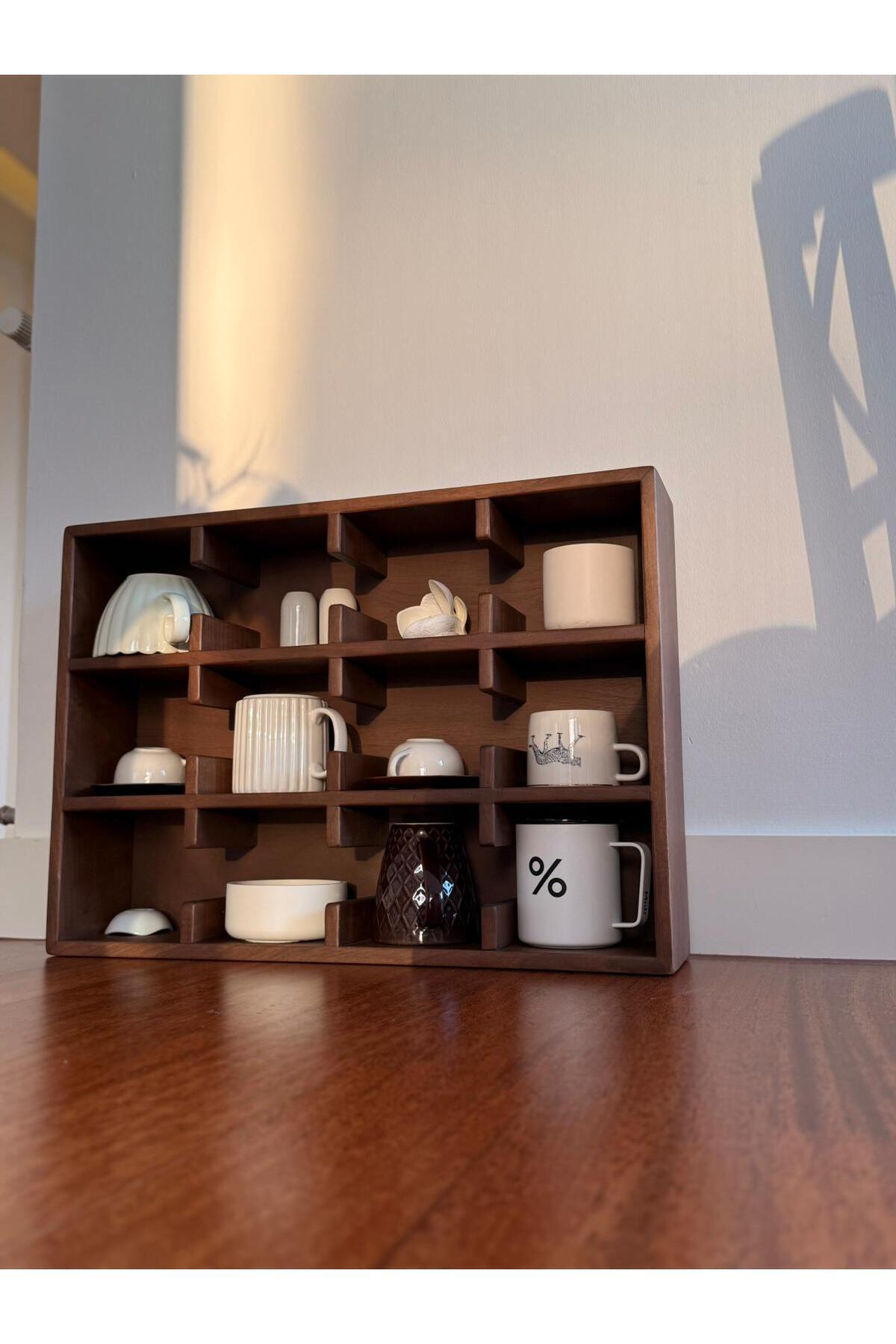 %100 Doğal Ahşap Mug Standı - Modern Minimal Fincan Rafı- 12 Bölmeli Kahve Köşesi Organizeri
