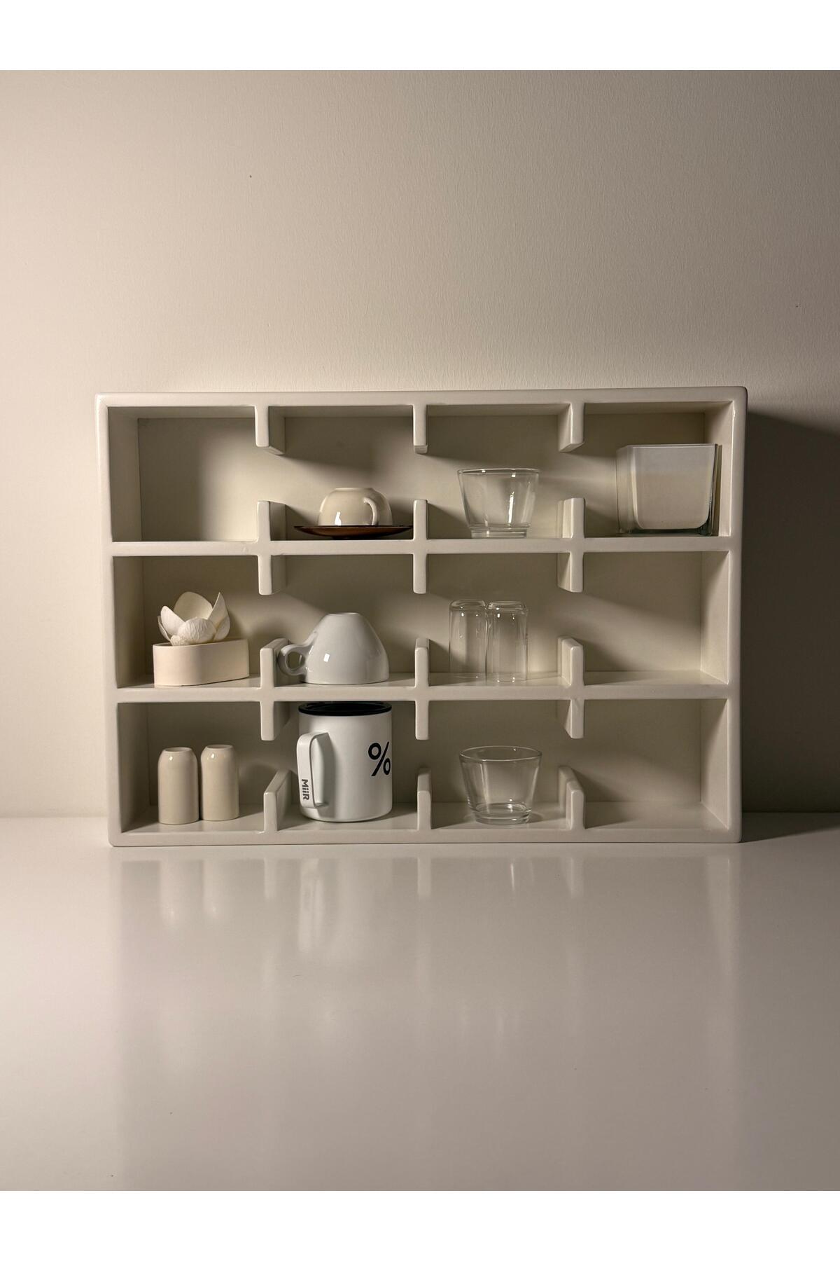 Krem 12 Bölmeli Dekoratif Mug & Fincan Rafı | Mutfak – Kahve Köşesi – Ofis Organizer