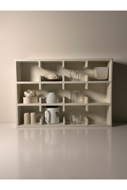 Krem 12 Bölmeli Dekoratif Mug & Fincan Rafı | Mutfak – Kahve Köşesi – Ofis Organizer